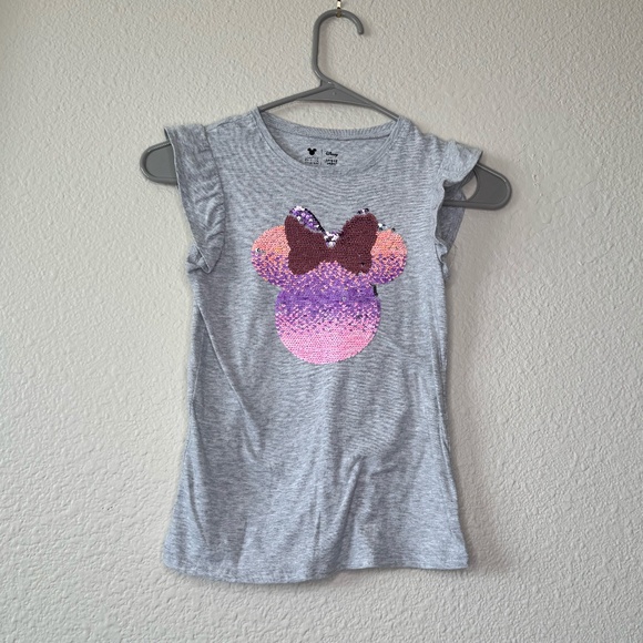 Disney Minnie Mouse Sequins Girls T-Shirt, Gray with Pink and Purple - Picture 1 of 3